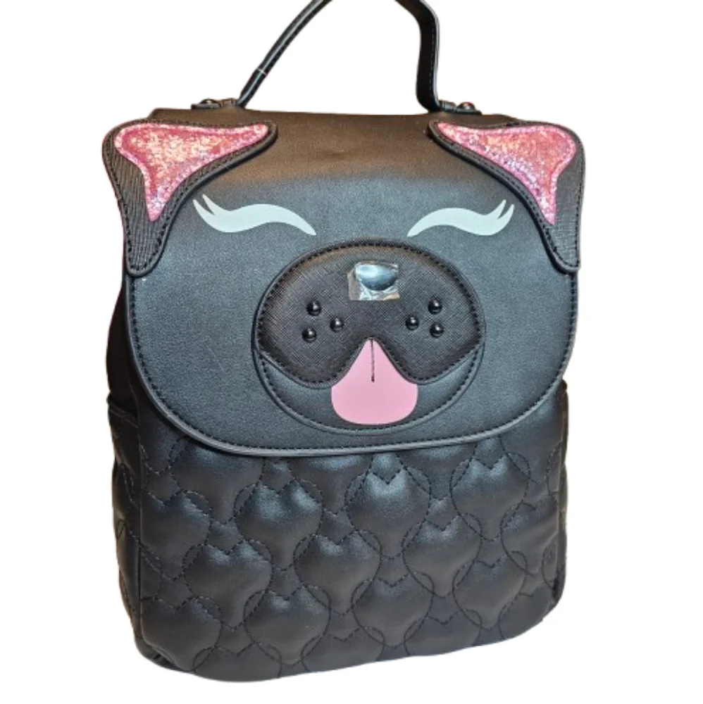 Betsey Johnson XO Buddy Dog Backpack Black Pink Quilted NWT